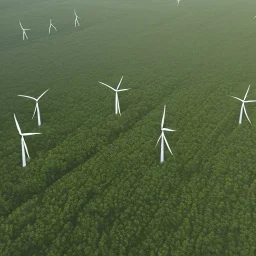 Aerial Drone Footage of Wind Turbines in Rural Area with Green Forests and Fields