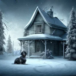 fenced yard and family home with sad, abandoned, miserable dog chained to fence outside, winter, loneliness, a hooded and robed Grim Reaper in yard, 8k resolution, high-quality, fine-detail, iridescent, intricate, digital art, detailed matte, volumetric lighting, illustration, 3D octane render, brian froud, howard lyon, selina french, anna dittmann, annie stokes, lisa parker, greg rutowski