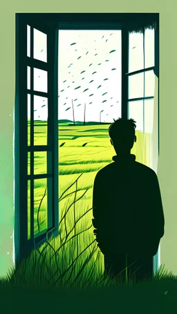 An optimistic person in front of his window overlooking an area full of grass in Abstract style