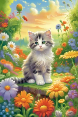 Imagine a cute kitten sitting in a garden surrounded by flowers. The kitten has a fluffy coat with a mix of colors—perhaps white, gray, and orange patches. It's holding a playful pose, with its tail curled around it. The garden is filled with vibrant flowers of different shapes and colors. The sun is shining in the sky, casting a warm glow over the scene.