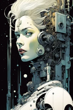 create an ethereal, otherworldly robotic female time traveler , in the comic book art style of Mike Mignola, Bill Sienkiewicz, and Jean Giraud Moebius, with highly detailed mechanical parts and feminine facial features , finely inked , dramatic natural lighting