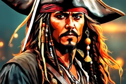 Jack Sparrow in 8k realistic anime drawing style, pirate custom, close picture, rain, neon, intricate details, highly detailed, high details, detailed portrait, masterpiece,ultra detailed, ultra quality