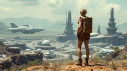 A photorealistic image of a slender 60-year-old woman, in brown shorts, a shirt and boots, with a backpack, standing on a hill looking down on a futuristic derelict sci-fi spaceport with spaceships and alien buildings.