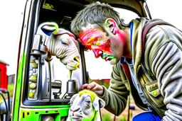 667711 portrait of a broken head mechanic, kissing a hybrid mixed body part sheep, fixing (far away old land rover 4x4 discovery 2) in the countryside