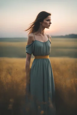 A mysterious brunette woman with sharp cheekbones is standing in a field in Thuringia at dawn. She is wearing a mustard linen dress and seen from afar. The sky is pale blue. The photo is taken with an iPhone. volumetric lighting
