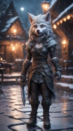 wolfs mane,moon, full figure with metallic stone gauntlets holding dark jagged dagger, standing on frozen wet tiled floor outside fantasy tavern, focused female brownie vampire gnome from worms armageddon wearing makeup, bokeh like f/0.8, tilt-shift lens 8k, high detail, smooth render, down-light, unreal engine, prize winning