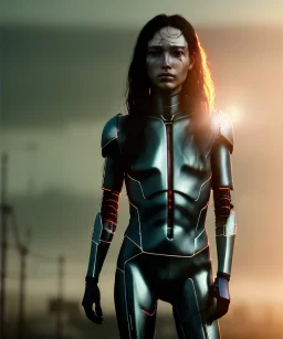 Ultra realistic photographic night portrait, cinematic, naked, long hair <latin woman> <hanging wires> many wires coming out of the head <perfect pupil> <cyborg> <garage> <wide angle Shot> <sci-fi futuristic> <thriller>, fog, soft color, highly detailed, unreal engine 5, ray tracing, RTX, lumen lighting, ultra detail, volumetric lighting, high definition.