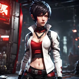 female assassin with a pixie cut hairstyle, short spiky black hair, black pushup bra, choker, white jacket, black leggings, red eyes, video game character