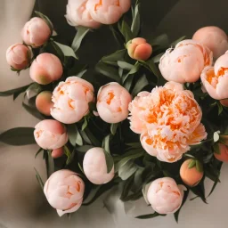 cinematic shot of peonies made from peach tulle in a glass bowl, warm lighting, soft lighting, sun light effects, linen, luxurious