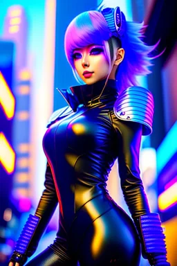 Futuristic anime fantasy dancer, portrait from waist up, physically fit, latex and leather attire, blue eyes, pastel hair, intricate eyeliner, vibrant eyeshadow, clear completion, soft lighting, 4k resolution, intricate details, insanely detailed, colorful cityscape background, masterpiece, expert, cinematic smooth, retroanime style, realistic details, no helmet