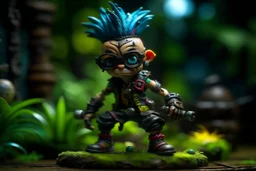 caricature, evil, dark arts, intricately painted, miniature figure. a miniature figure of an (angry:1.5) female cyberpunk (Minion with glasses:1.4) with a rainbow mohawk hairstyle, set in a jungle, (holding a machete:1.6), giant boots, punk, worn, bokeh, Low DOF, 16k, trending on artstation. AlbedoBase XL.