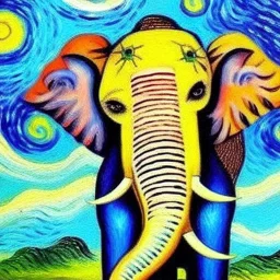 Dibujo al oleo de un elefante indio pintado con muchas nubes de colores estilo Vincent van Gogh