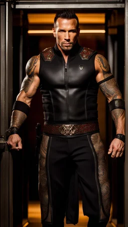 Jason David Frank as a Very muscular alpha male with short hair and tribal tattoos piercings wearing a black armani suit , standing in a doorway