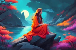 fantasy digital art with vibrant and fantasy colors of a young woman sitting on a rock The art style is cartoon-like and the style of the young woman and elegant. She has long hair that flows in the wind, and her eyes are closed in concentration. Much like the iconic Lo-fi girl, Ensure that the image exudes a tranquil and relaxing ambiance, . Aesthetic, , fantasy, the background is clear sky and fading clouds, and the young woman has light surrounding her