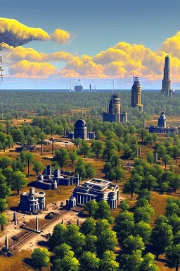 The remains of the city of Madison, Wi, as it would be depicted in the Fallout series of video games. Photorealistic, color