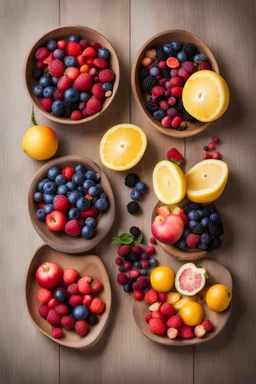 Set of summer fruits and berries in wooden serving.