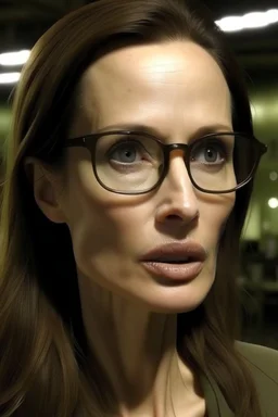 angelina Jolie con muchos granos de acné y lentes