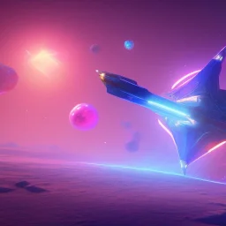 a crystalised blue pink spaceship, gold, diamonds, lightbeams, cosmic background, atmospheric, realistic, unreal engine, 8k. Cinematic lighting, octane render.