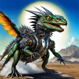 Lucky Stryker, Jet eagle lizard hybrid, biomechanical surrealism, 4 limbs, 2 metallic wings, one jet engine, 2 eyes, big toothy smile