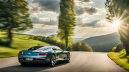 A sleek rear view of (((a cross of bentley and Hypercar))), on street, with hill and trees around, a beautiful clouds and sunny weather