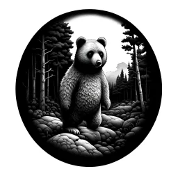 Sticker design on white background, Teddybear walking in a forest, in Gustave Dorè art style, side light, high details, photorealistic, monochrome, black and white