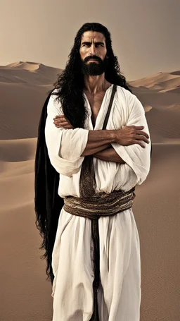 An Arab man in the desert, tall and strong, with long black hair and a thick beard. A long face, a large nose, a thick face, and sharp black eyes. A solid and muscular body with a strong build.