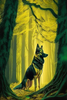 In the heart of a dense and enigmatic forest with towering ancient trees cloaked in emerald, yellow foliage stands a common beech In front of the tree roams a majestic canine of Belgian shepherd lineage its eyes illuminated by an otherworldly crimson