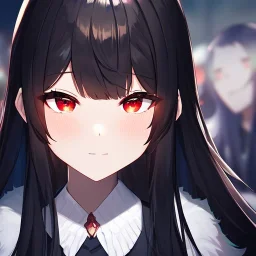 Clear focus,High resolution, black long fluffy hair, long fluffy bangs, red eyes, wearing a lab outfit, extreme close up, evil smile