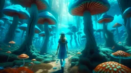 woman walking through Alien mushrooms with jellyfish tentacles, floating through an alien forest, in a huge cave, floor covered in mushrooms, photorealistic, Deep Colour, Intricate Detail, sunshine, blue sky