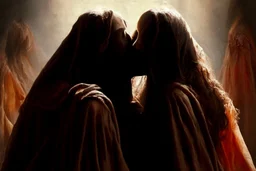 virgin girls and Jesus Christ flirtatiously kissing picture, rich in detail. They were loosely dressed. They are very much in love with Jesus On the edge of the abyss, where the eternal abyss is and everything is embraced around them by beings of light. There are also ape-men and big black shadows with hoods and stoles. 4K Blurred image of Jesus with a monkey head