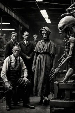 1900's black and white vintage photo, interior, working alien organ manufacturing factory warehouse, unhappy and angry,stange long grey alien human hybrid creature with a family that is sad, captured on square format film, grainy, aged