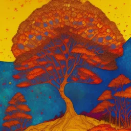 Autumn colors, peaceful, Egon Schiele, Max Ernst, night sky filled with galaxies and stars, rocks, trees, flowers, one-line drawing, sharp focus, 8k, deep 3d field, intricate, ornate, one million strokes. strong colors