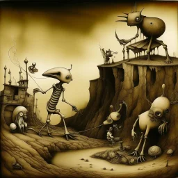 Cirrhosis grotesque overdose, abstract surrealism, by Phlegm and Dave McKean and Yves Tanguy, silkscreened mind-bending illustration; warm colors, off-centered fragmented composition, stages of dark shines overdose of grotesque, Expressionism