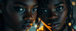 Close up portrait, From the shadows, they rise, with a spark in their eyes, Ethereal echoes of a world we once knew, With the glam and the glamor, we reach for the skies, Cosmic rhythms pull us through, [Chorus] Suti came for our world, with the power to ignite, Dancing through the stars, we find our light.