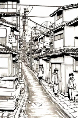 Poor neighborhood Tokyo, line arts, manga style