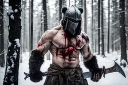 A strong man standing in cold windy snowy forest, shirtless, body scars, bloody, bear paws scars on chest, wearing a knight helmet face covered, carrying an axe