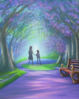 park mystical dream, park bench, man, woman, child, dog, trees, path, bird, sunshine, mystical, fantasy, romanticism, pastel colors, daylight, daytime, acrylic painting, detailed,