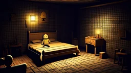 scary 8-bit little nightmares inspired bedroom, with creepy 8-bit man lurking behind the bed