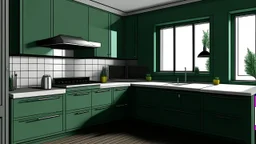 kitchen with dark green furniturel, on the left side next to the window there is a microwave and oven installed in the furniture, and on the right side 5 cm from the induction hob and a kitchen hood above it,