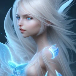  beautiful, soft, big smiling face, blue and brilliant atmosphere, long straight blond hair, big fairies transparent wings in the back