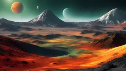 Landscape photograph on the surface of Io (moon of Jupiter), very tall mountains, volcanoes, pits, vents and lava flows, extensive smooth plains with a frosty coating in subtle shades of yellow, red, white, black, and green, Jupiter in the sky, exquisite composition, beautiful detailed intricate insanely detailed octane render, 16k artistic photography, photorealistic concept art, soft natural volumetric cinematic perfect light, chiaroscuro, award-winning photograph, masterpiece