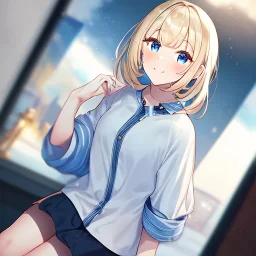 Clear focus,High resolution, Light Blonde hair, and blue eyes, kawaii style, wearing a short skirt, Blushing