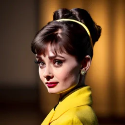 Audrey Hepburn with yellow flowers for hair, face detailed, closed eyes, rtx, reflection, 8k, glow, winning photography, caustics