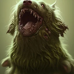 Dog, monster, green, horror, teeth, gore, blood, masterpiece, expert, 8K, hyperrealism, sharp focus, cinematic lighting