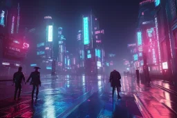 3D, beautiful, light reflecting, empty future city at night, rainy night, neon, cyberpunk, tron, one cyborg walking, 8k, finely detailed, photo realistic