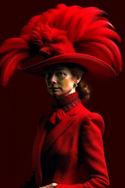 All red Mellon textured a woman with a red classic feathered hat and red clothes