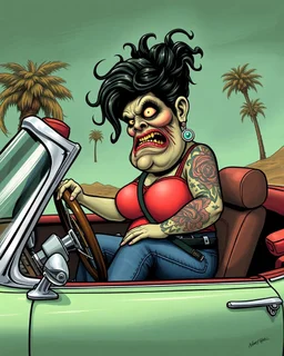 Consuela fat disgusting Mexican woman in a tank-top and jeans, illustrated in a RAT Fink Ed Roth's monsters Style driving a convertible car, big head with small body, cholla with face tattoo