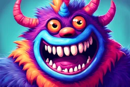 closeup of a smiling monster's face, big teeth, fur, bumps and horns, my pet monster inspiration, urban character design