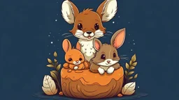 fantasy cartoon style illustration: A tiny mouse, bunny, and fox are sitting in one warm mitten.