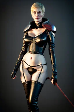 Cersei Lannister as evil dominatrix in black leather, mistress, bdsm, busty, cleavage, curvy, lena headay, angry, stern look. character design by cory loftis, fenghua zhong, ryohei hase, ismail inceoglu and ruan jia. unreal engine 5, artistic lighting, highly detailed, photorealistic, fantasy